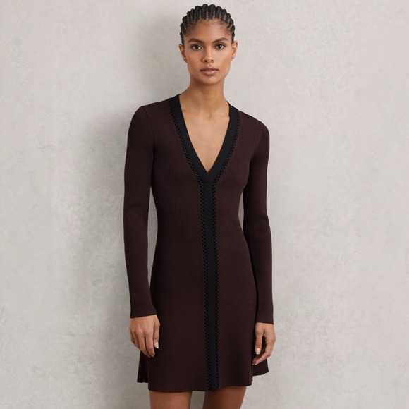 Reiss Dresses & Skirts - NEW REISS Alma Craft-Stitch Rib-Knit Mini Dress Burgundy Black XS NWT
